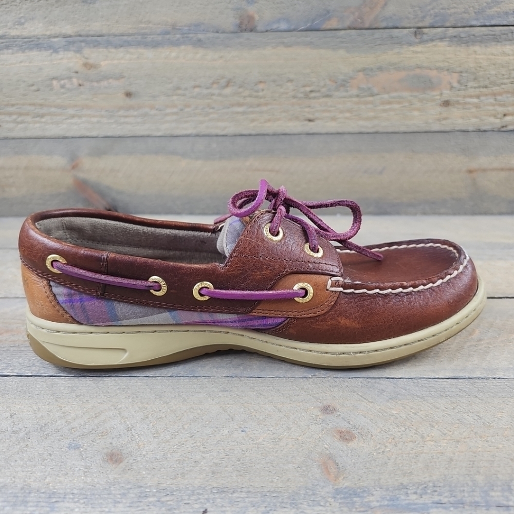 Sperry Topsider Brown Leather purple plaid Women's Boat Deck Shoes - Picture 6 of 14